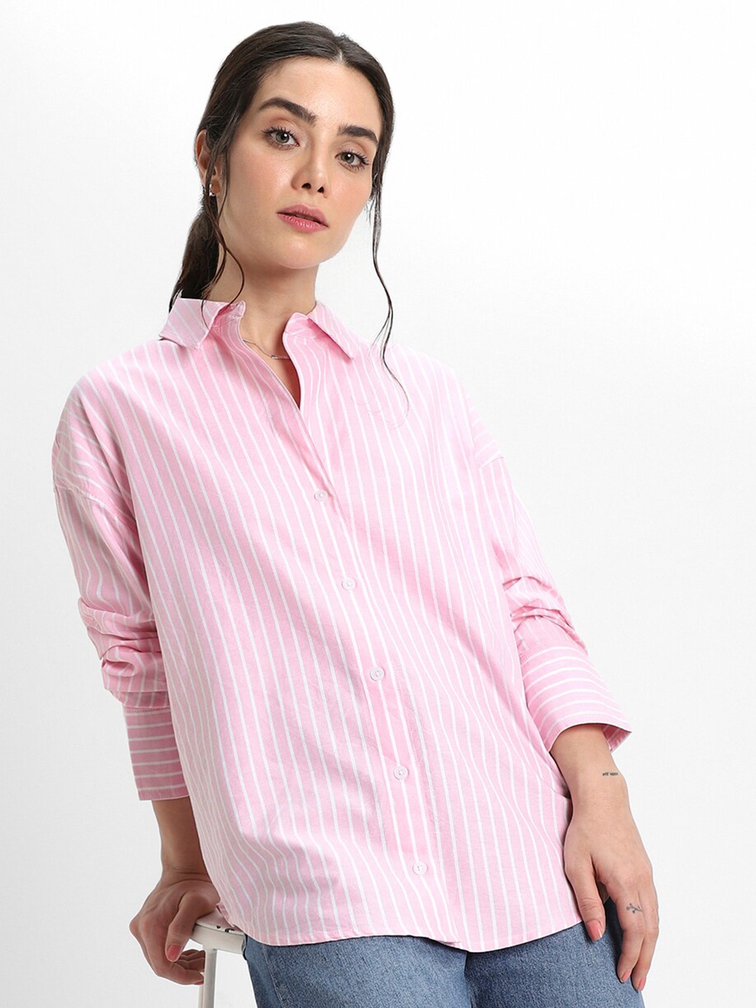 

DL Woman Oversized Vertical Striped Oxford Weave Pure Cotton Casual Shirt, Pink