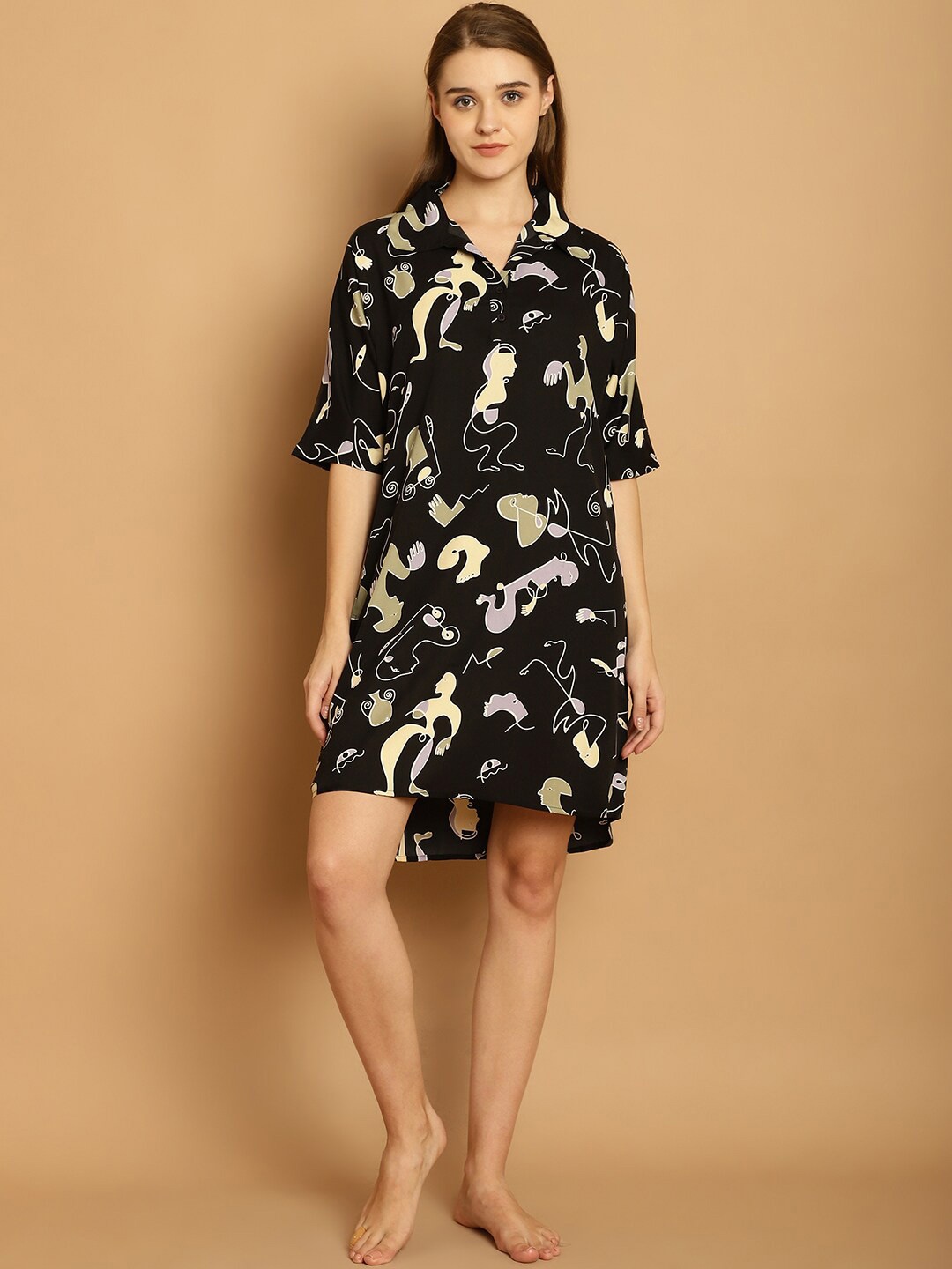 

Shararat Graphic Printed Above Knee Length Shirt Nightdress, Black