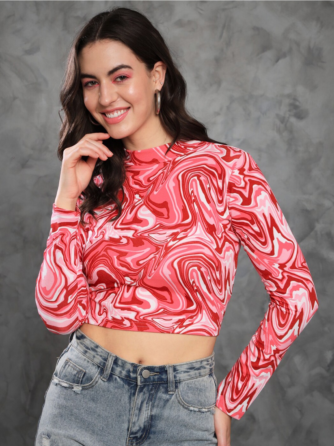 

MAZIE Printed Round Neck Fitted Crop Top, White