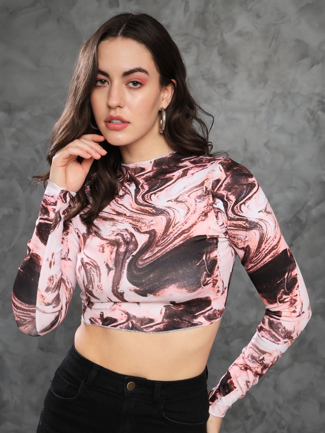 

MAZIE Printed Round Neck Fitted Crop Top, White