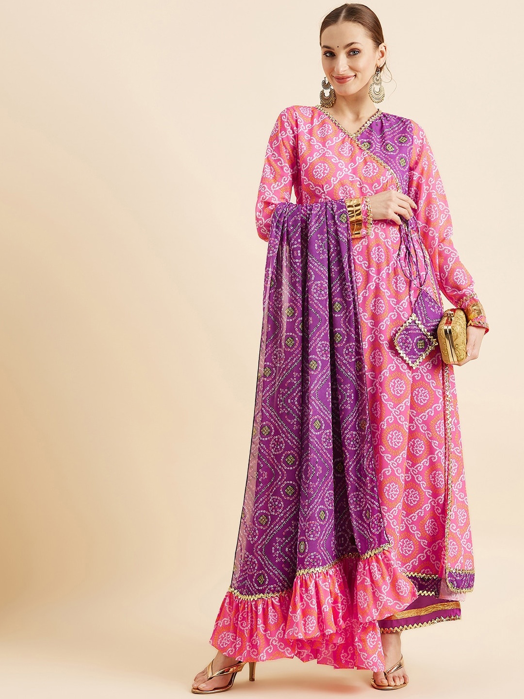 

PANIT Bandhani Printed Angrakha Gotta Patti Kurta With Trousers & Dupatta, Pink