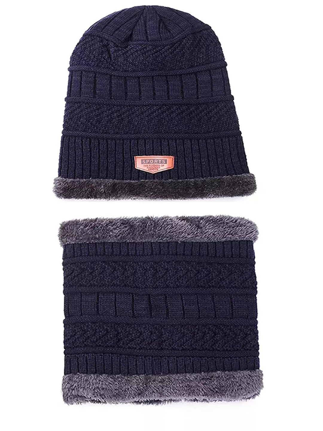 

Zacharias Unisex Self Design Woollen Beanie With Muffler, Navy blue