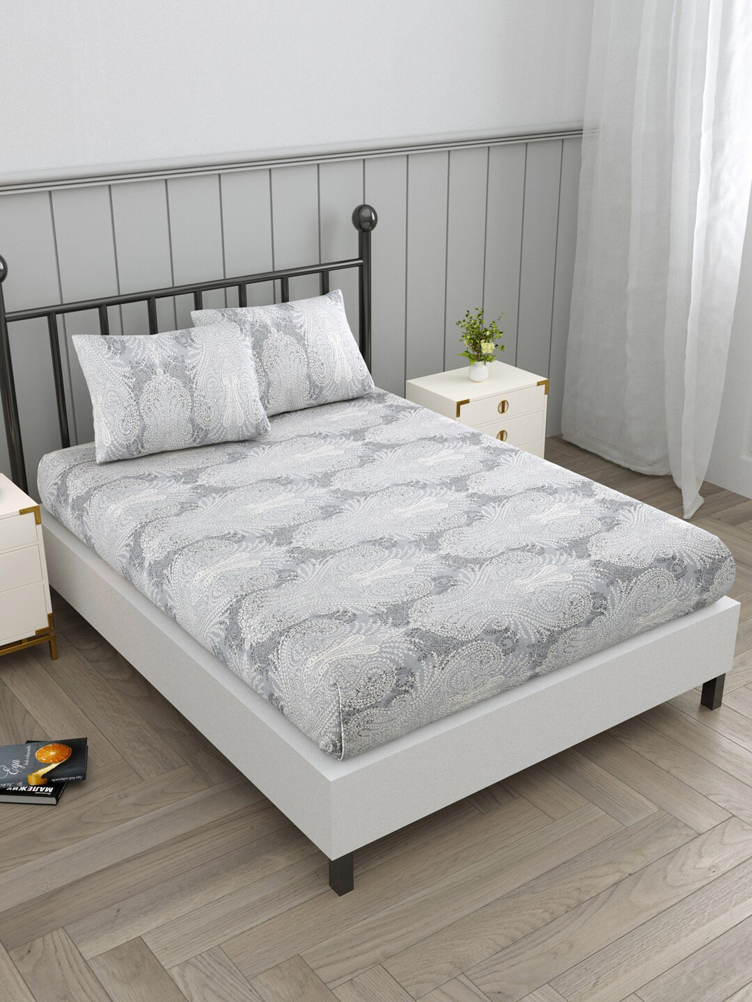 

EverHOME Sayla Grey Ethnic Motifs Cotton 144 TC Fitted Queen Bedsheet With 2 Pillow Covers