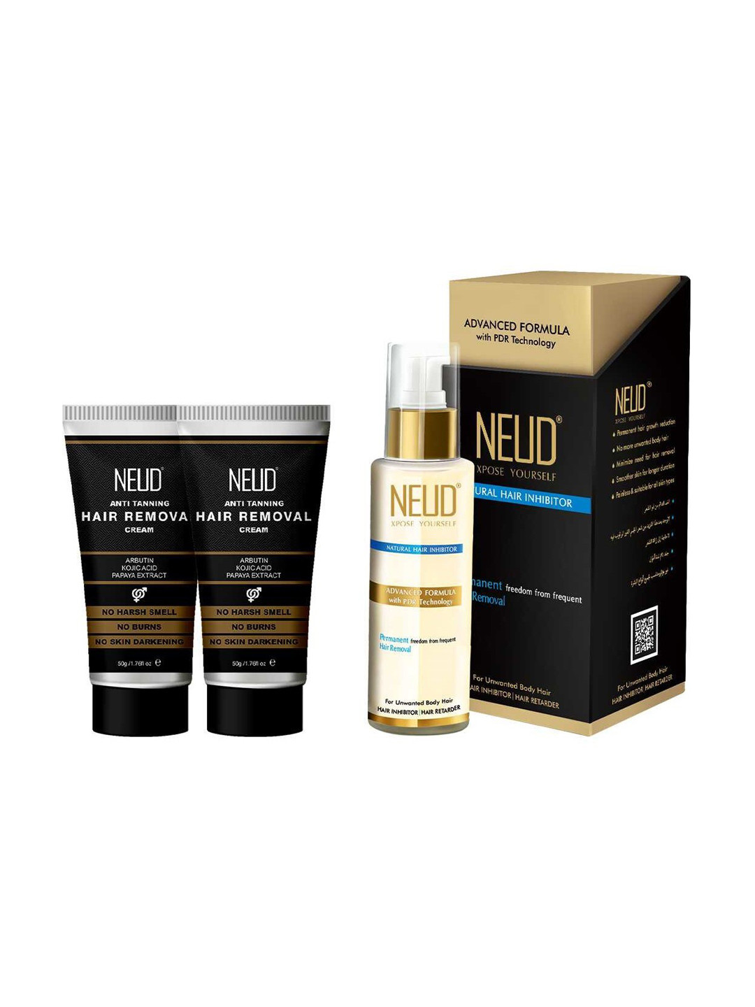 

NEUD Set of Natural Hair Inhibitor - 80 g & Hair Removal Cream - 50 g each, Black