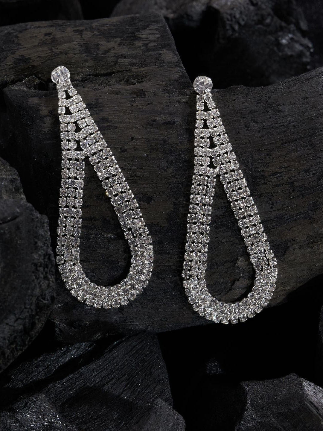 

ISHKAARA Rhodium-Plated Rhinestone-Studded Contemporary Drop Earrings, Silver