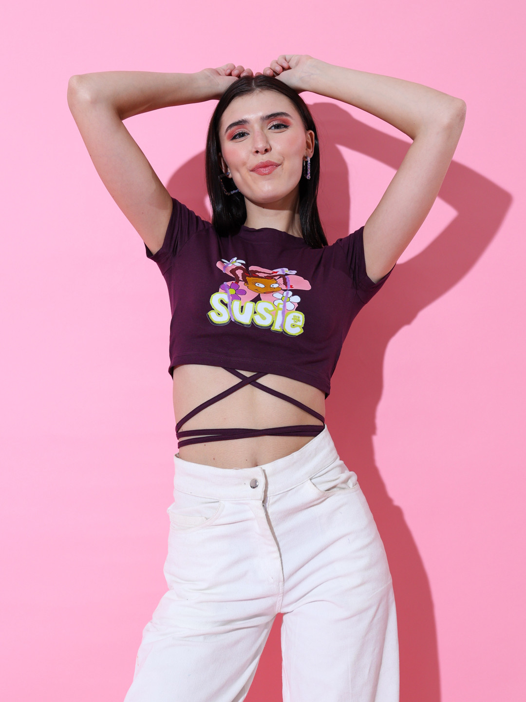 

Stylecast X Hersheinbox Graphic Printed Crop Top With Waist Tie-Up Detail, Burgundy