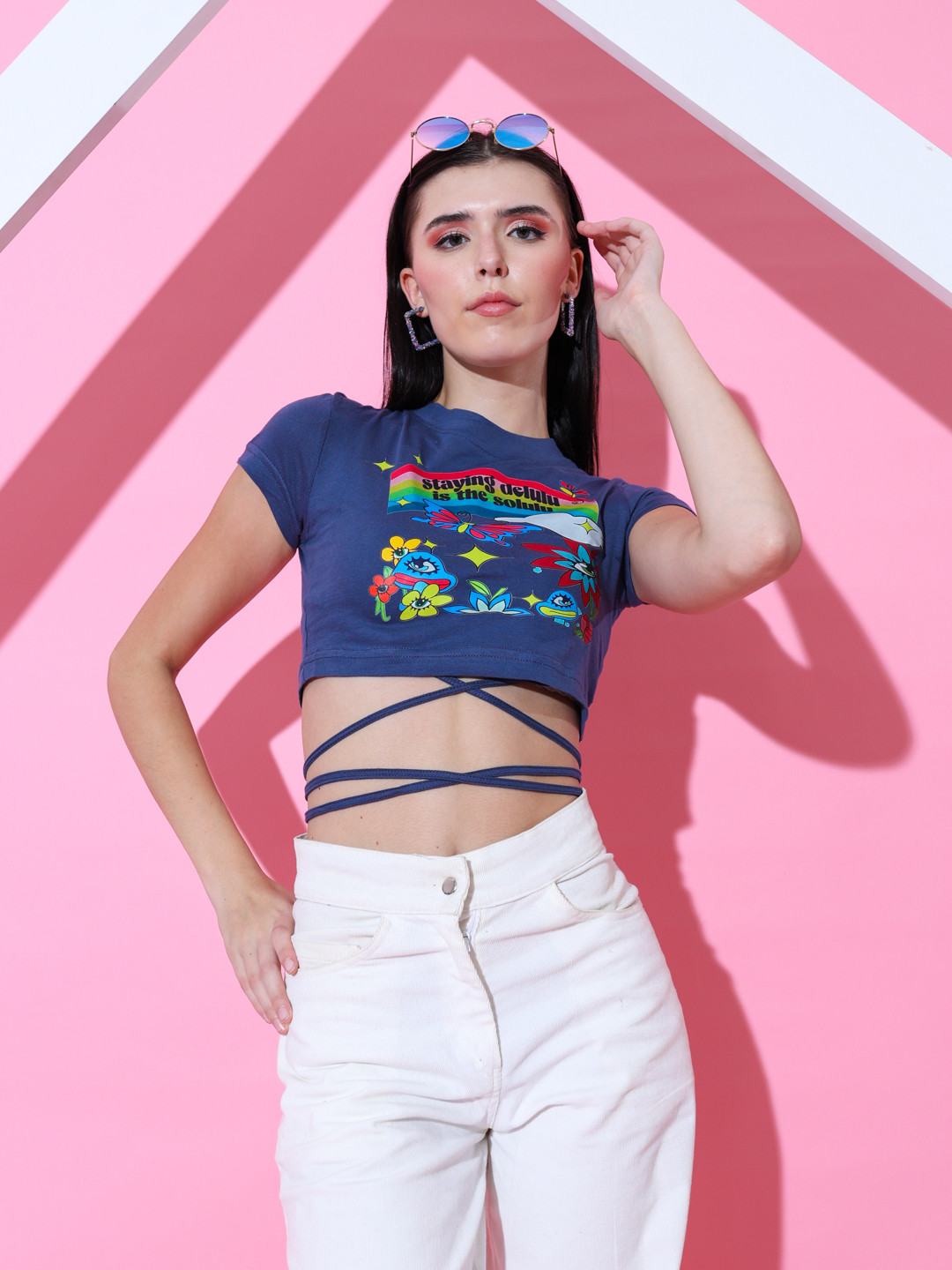 

Stylecast X Hersheinbox Print Tie-Up Detailed Crop Top, Blue