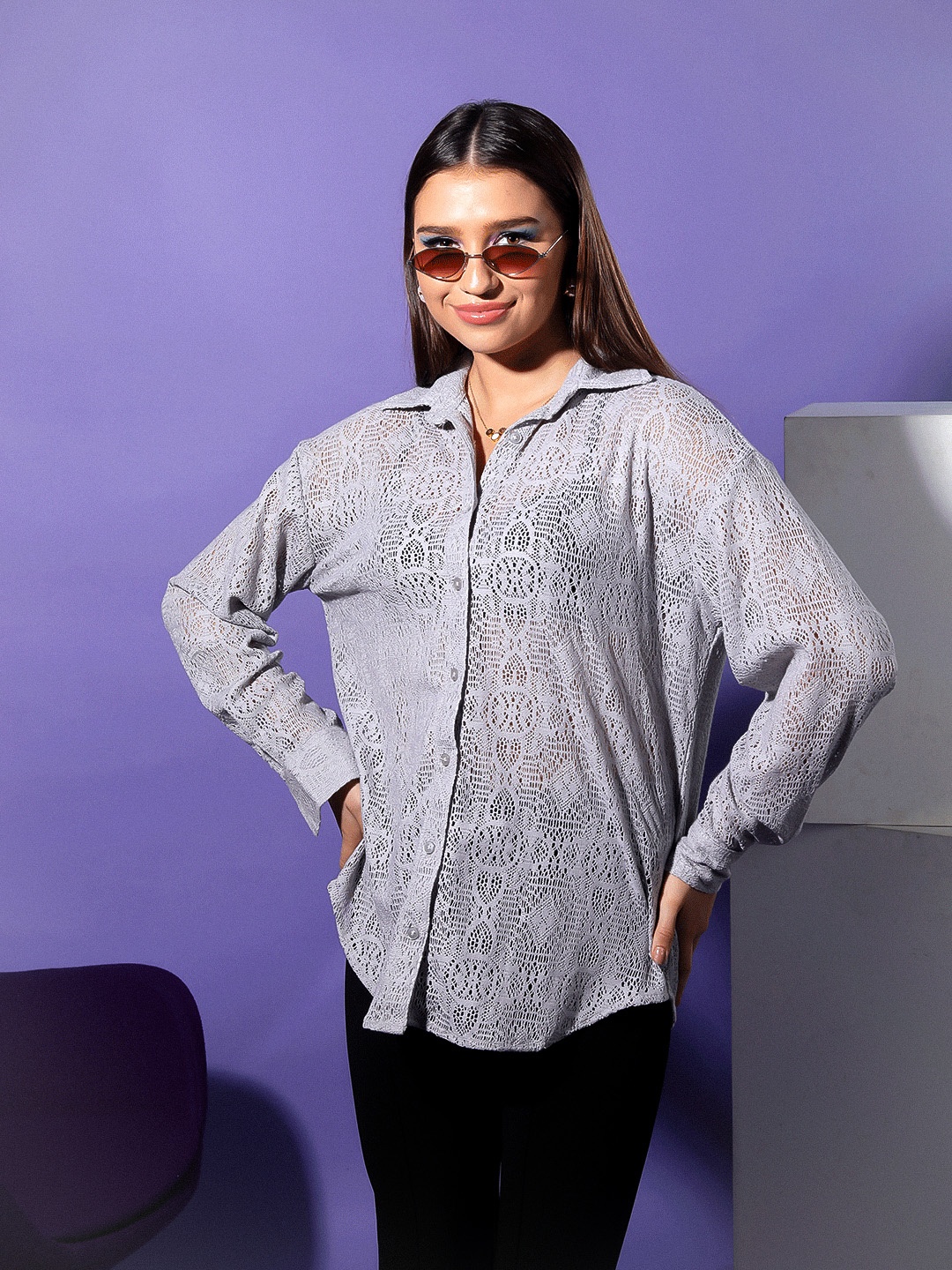 

Stylecast X Hersheinbox Self Design Boxy Schiffli Casual Shirt, Grey