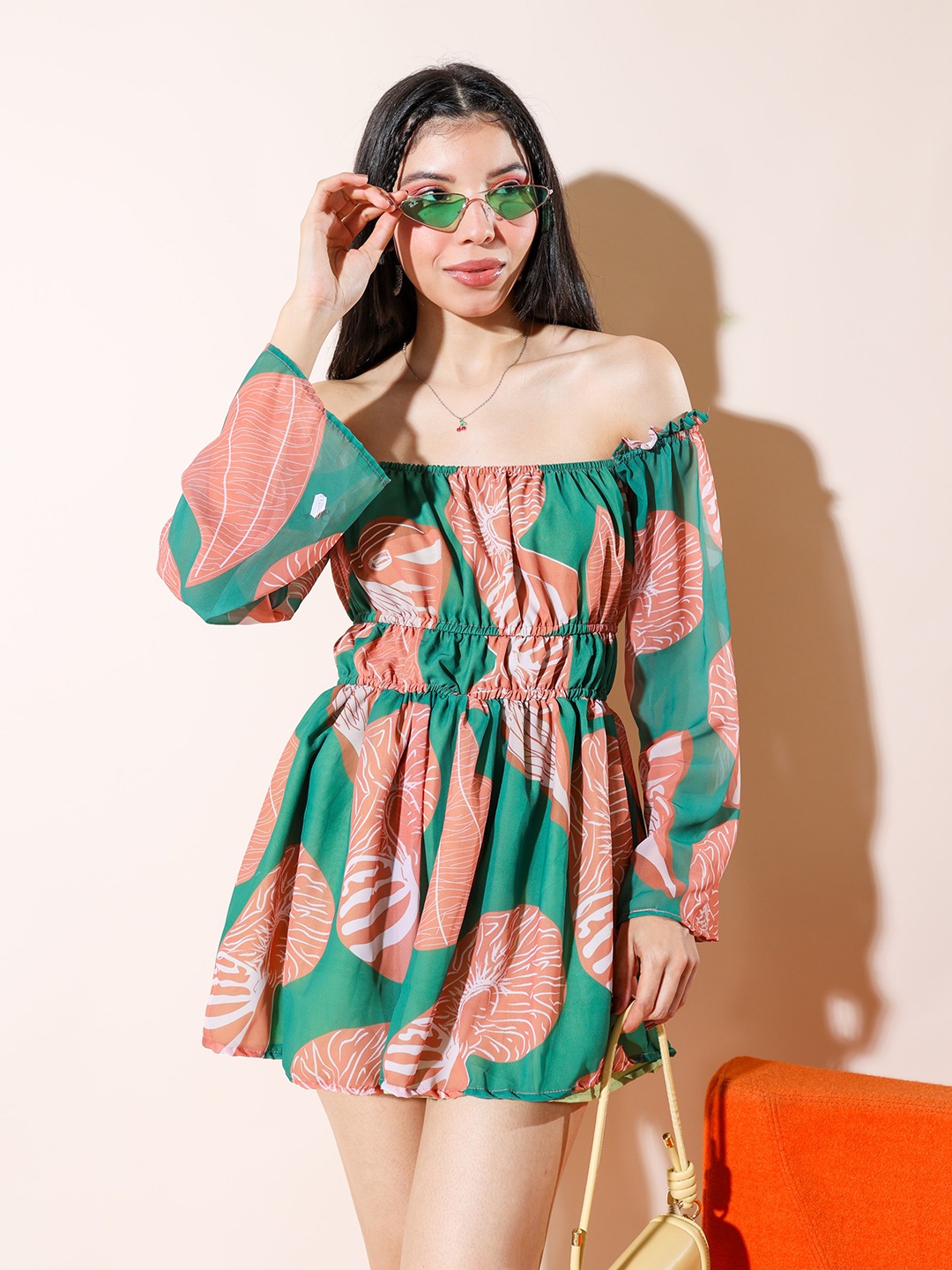 

Stylecast X Hersheinbox Tropical Print Off-Shoulder Fit & Flare Dress, Green