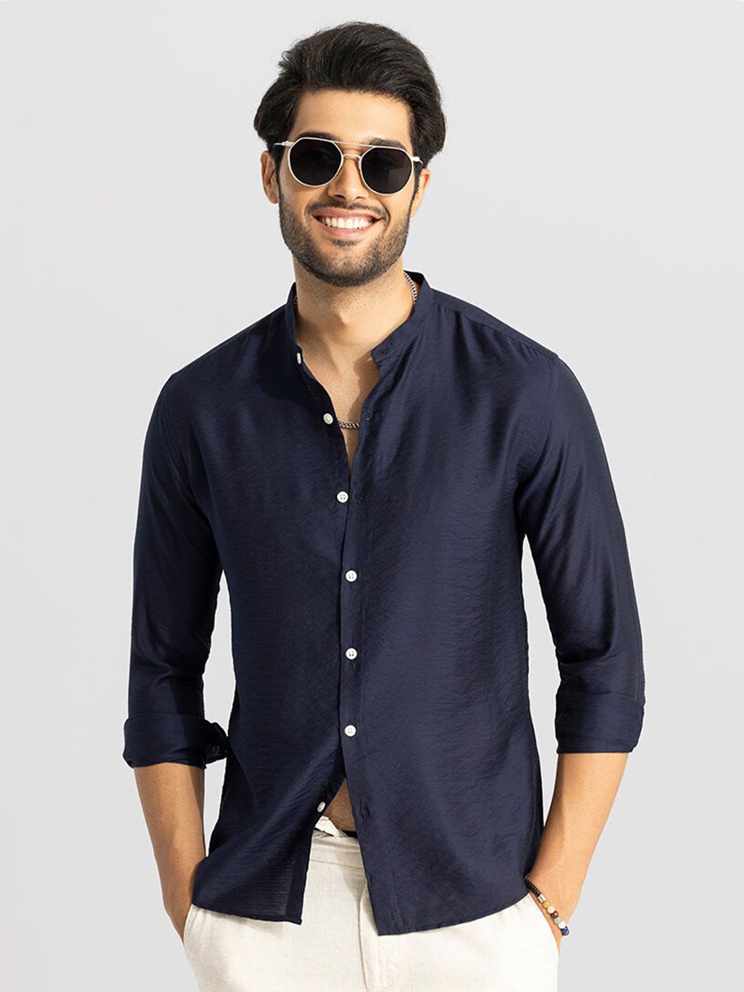 

Snitch Navy Blue Classic Slim Fit Band Collar Casual Shirt