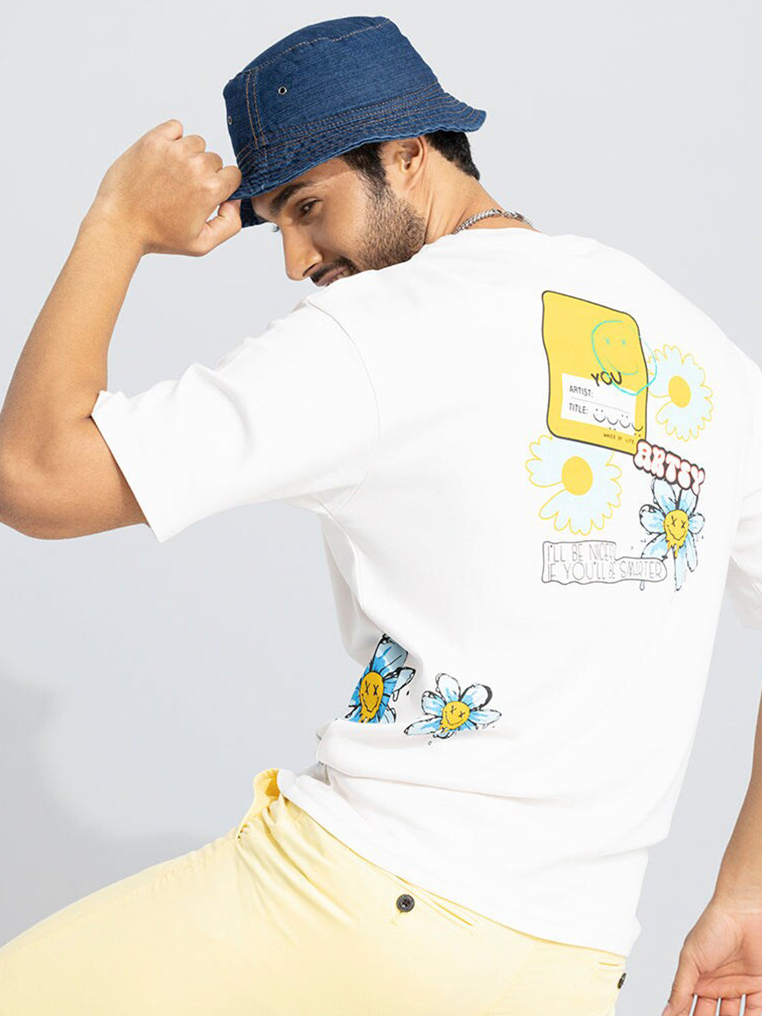 

Snitch White Graphic Printed Drop Shoulder Sleeves Oversized Casual T-shirt
