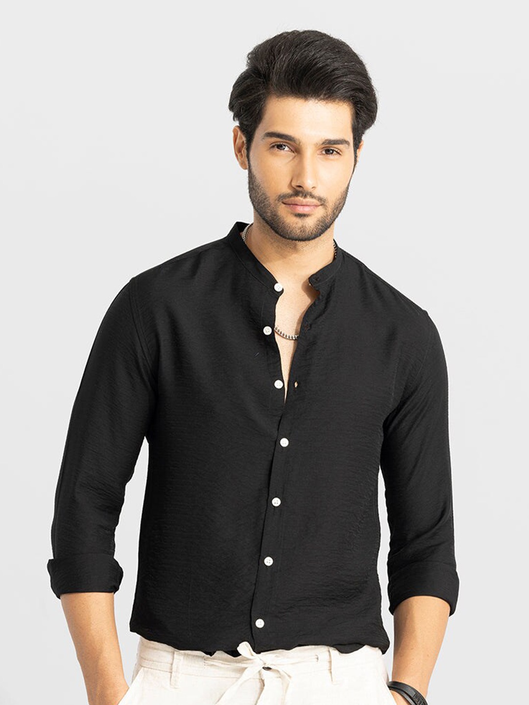 

Snitch Black Classic Slim Fit Band Collar Casual Shirt
