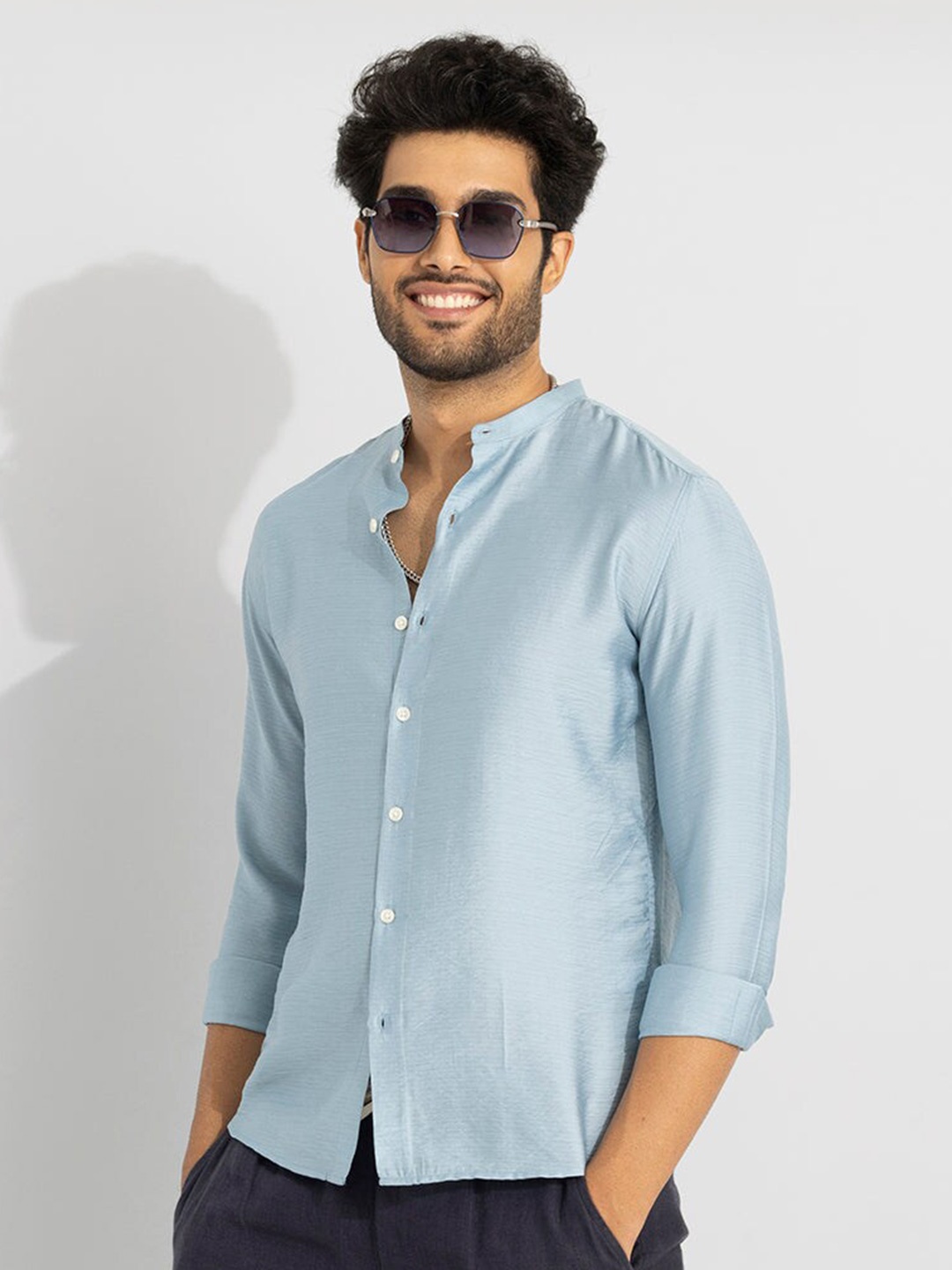 

Snitch Blue Classic Slim Fit Band Collar Casual Shirt