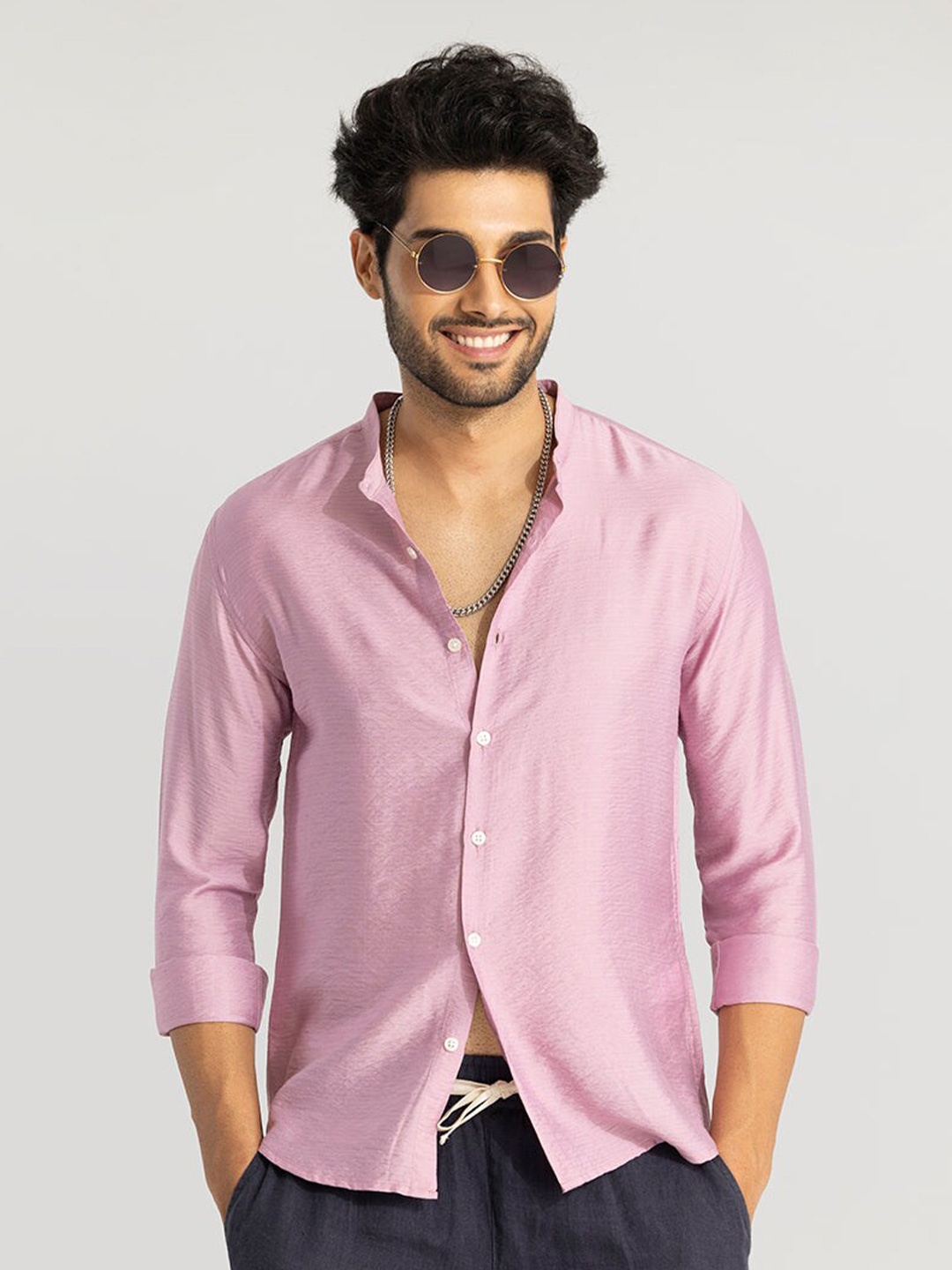 

Snitch Pink Classic Slim Fit Band Collar Casual Shirt