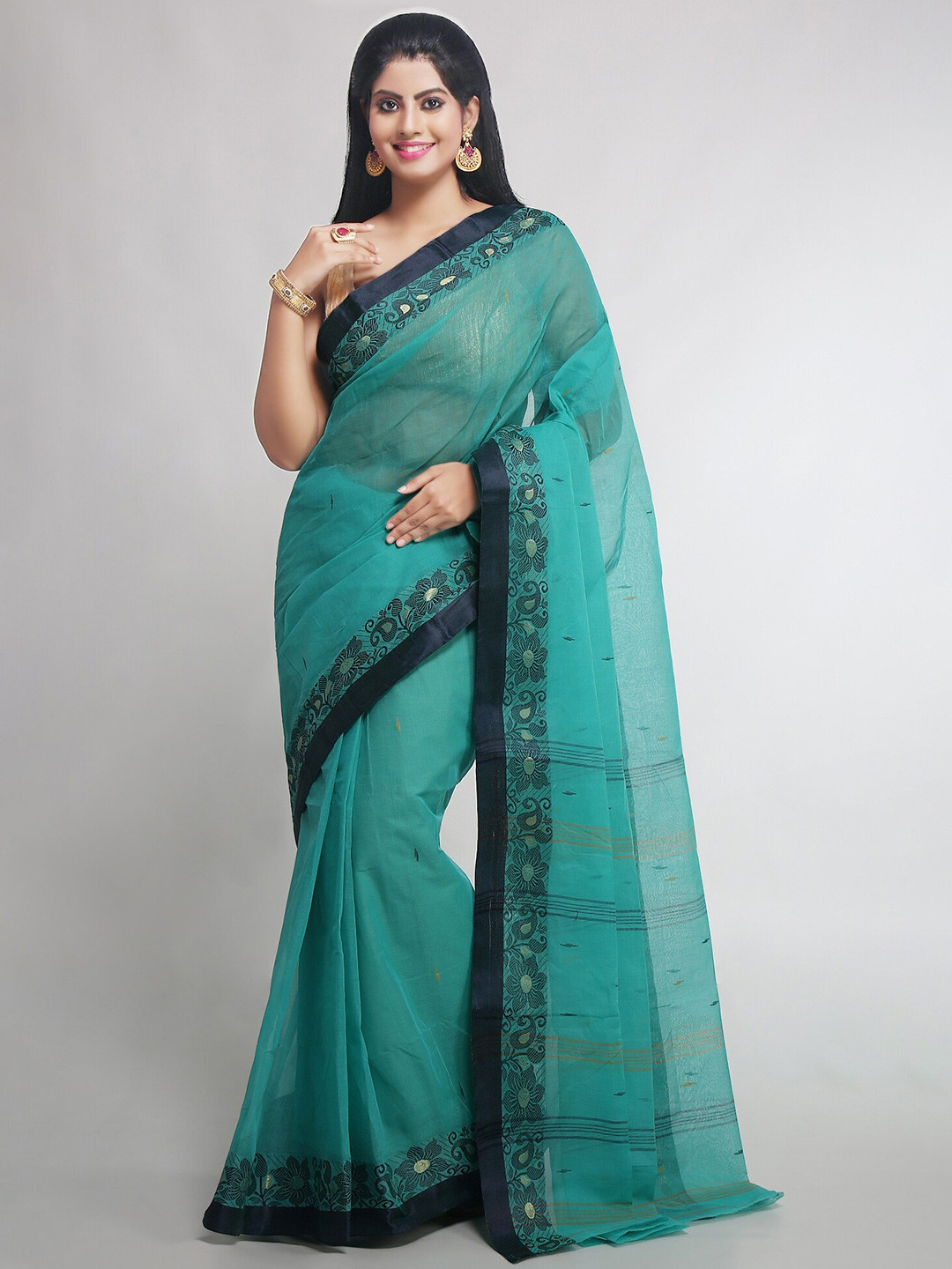 

WoodenTant Woven Design Pure Cotton Taant Saree, Sea green
