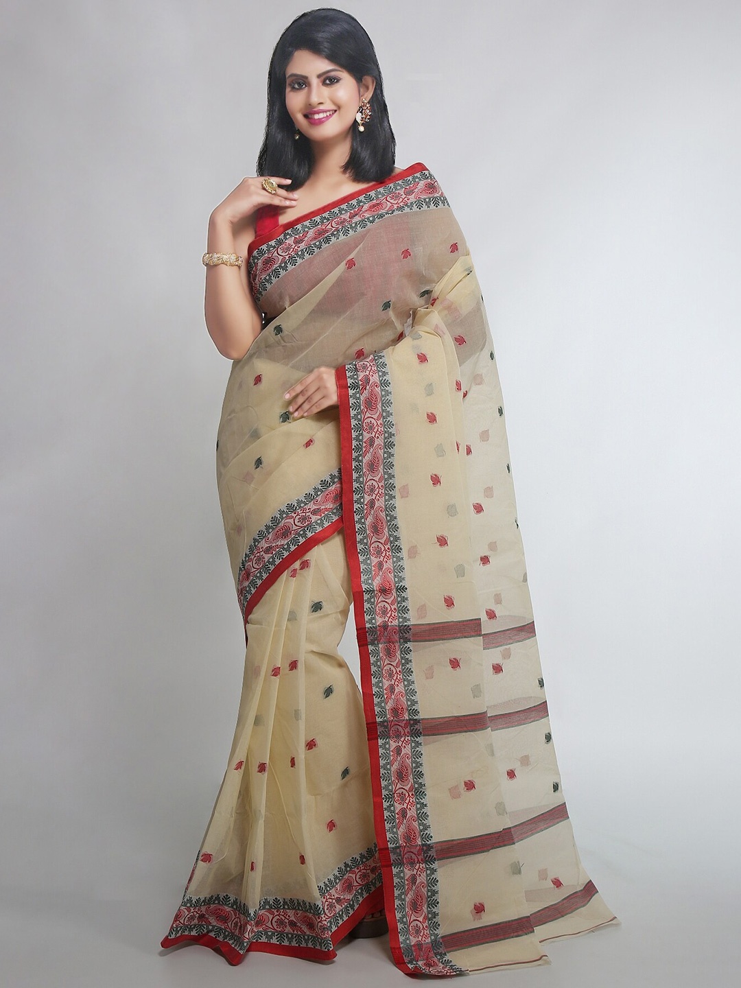 

WoodenTant Woven Pure Cotton Taant Saree, Cream