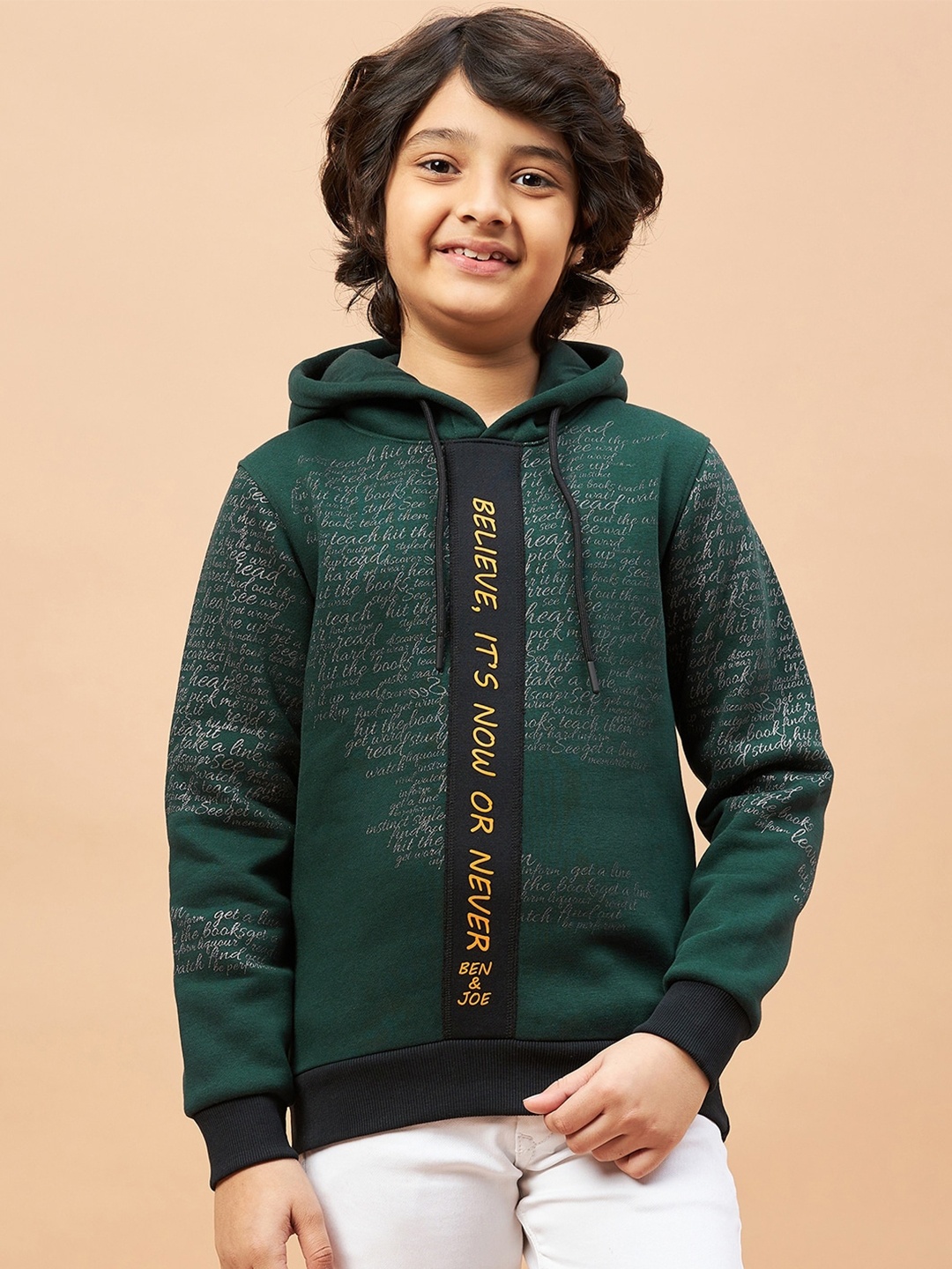 

Ben & Joe Boys Typography Printed Hooded Antimicrobial Casual Sweatshirt, Green