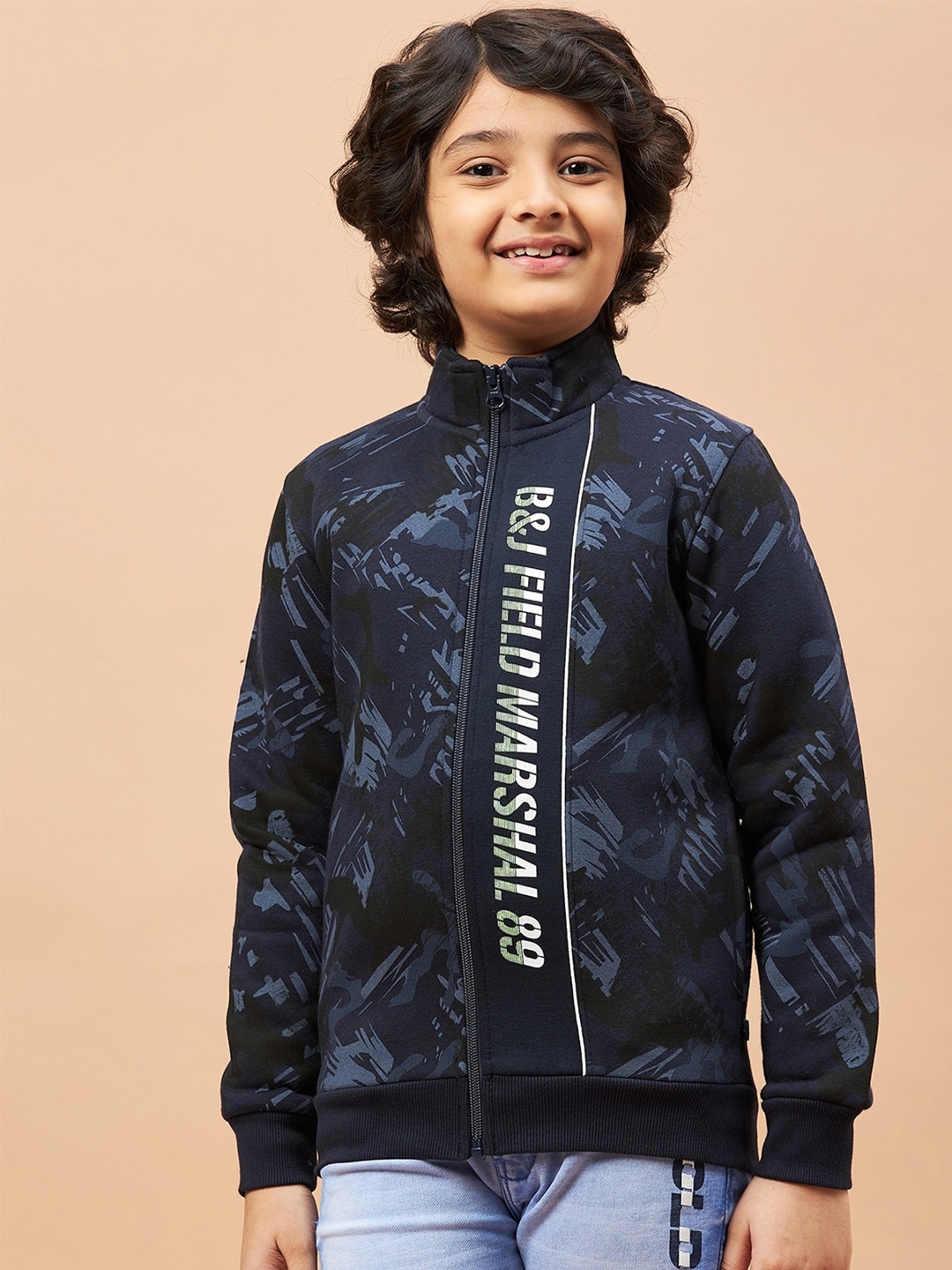 

Ben & Joe Boys Abstract Printed Mock Collar Fleece Antimicrobial Front Open Sweatshirt, Navy blue