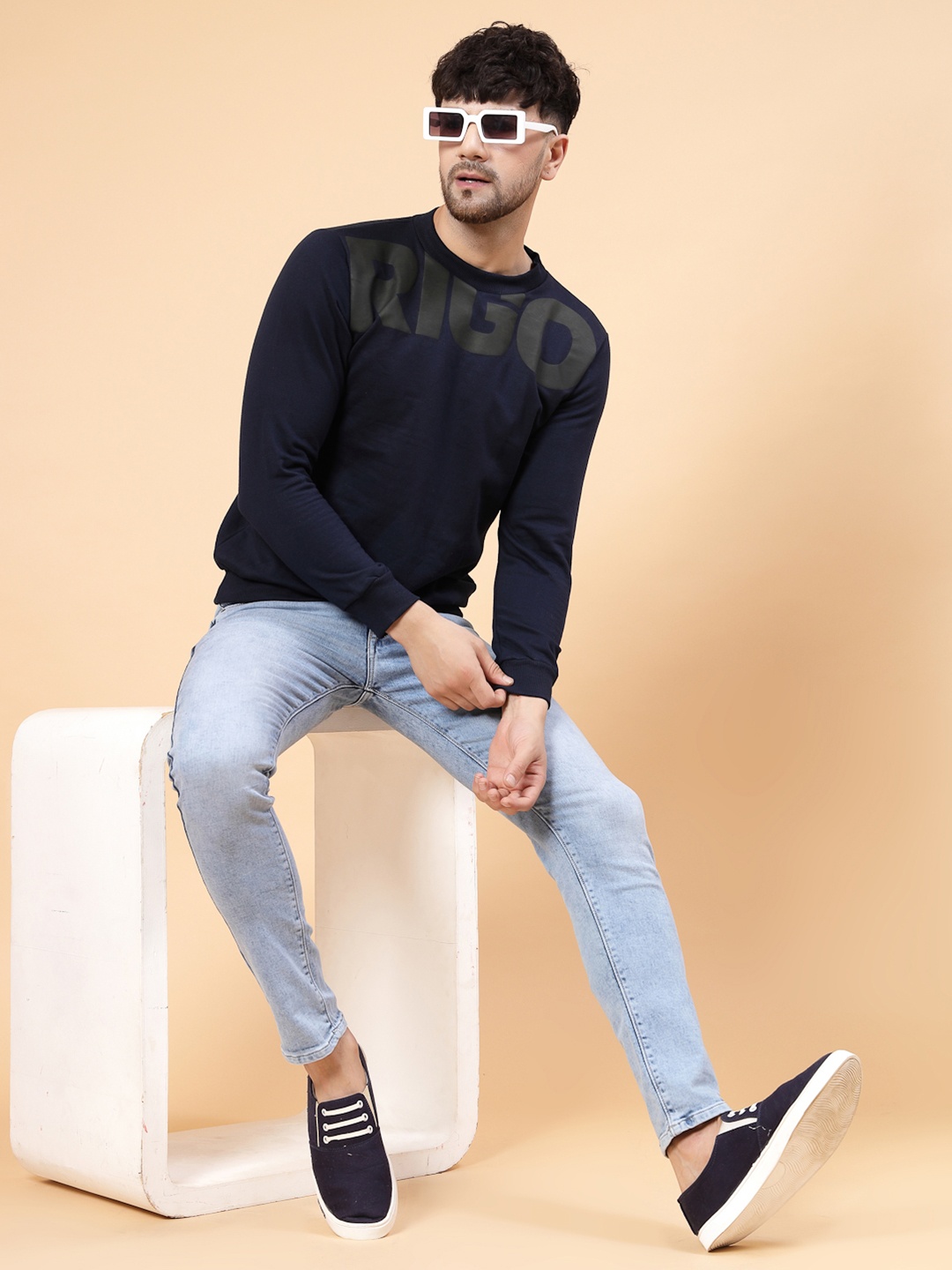 

Rigo Men Printed Fleece Casual Pullover Sweatshirt, Navy blue