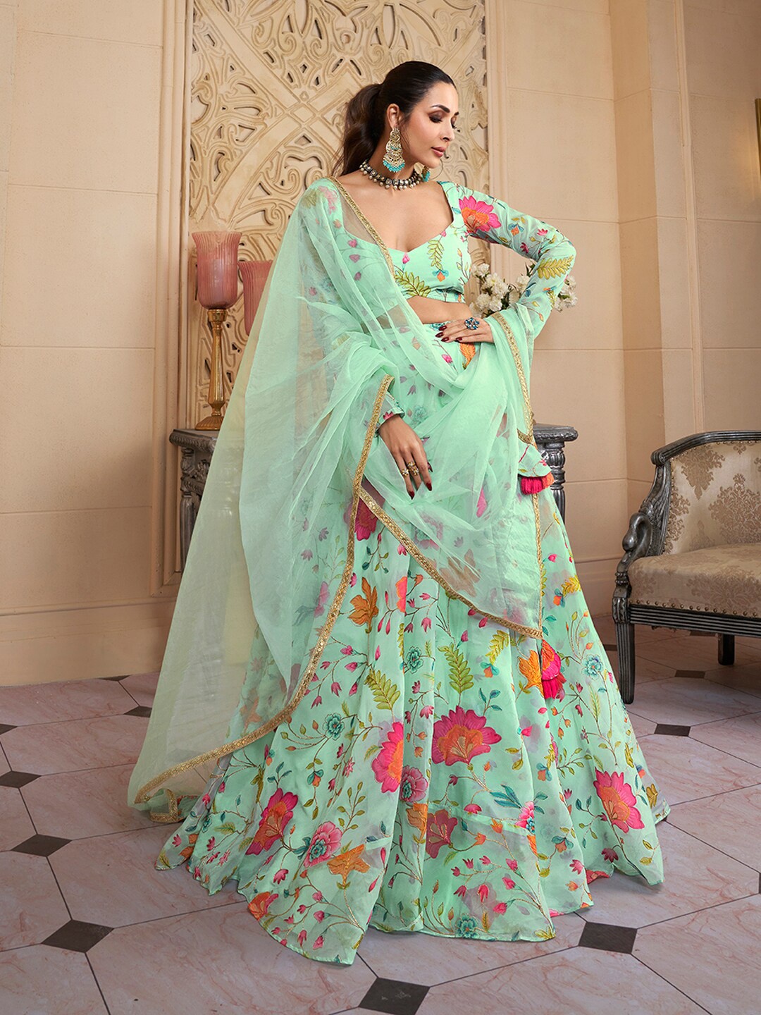 

Inddus Floral Printed Semi-Stitched Organza Lehenga & Unstitched Blouse With Dupatta, Sea green