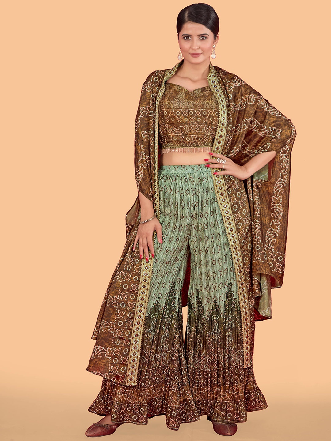 

CHANSI Ethnic Motifs Printed Gotta Patti Top with Palazzos & shrug, Brown