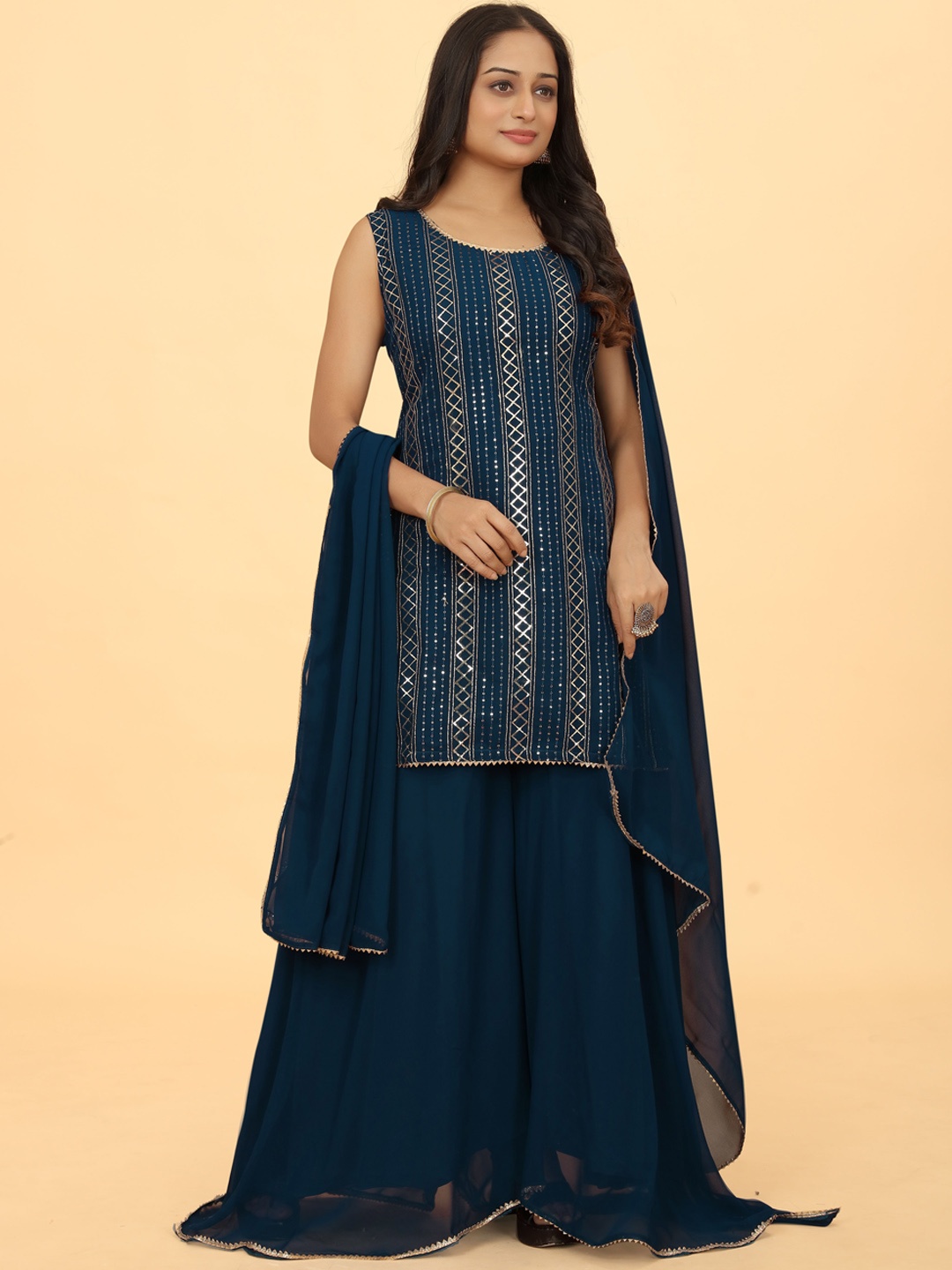 

CHANSI Ethnic Motifs Striped Embroidered Sequinned Kurti & Palazzos With Dupatta, Blue