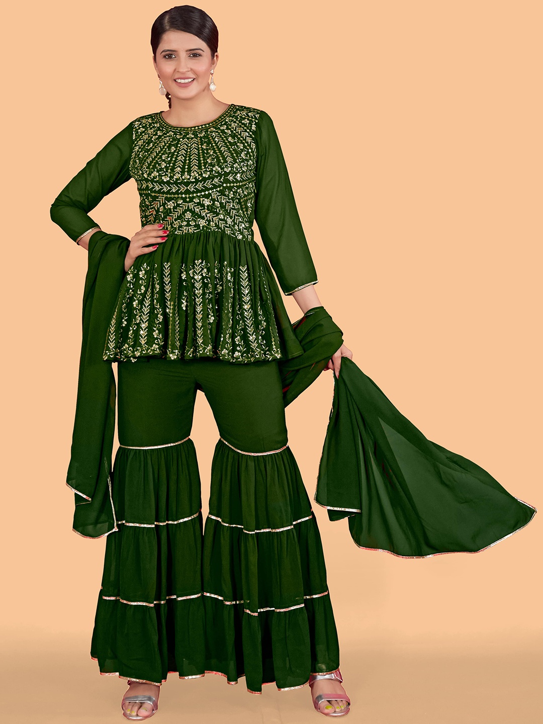 CHANSI Floral Embroidered Kurti & Sharara With Dupatta, Green