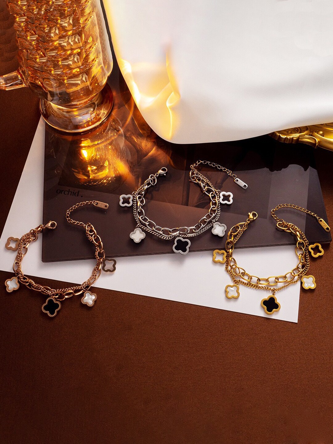 

Jewels Galaxy Set Of 3 Mother of Pearl Link Bracelet, Gold
