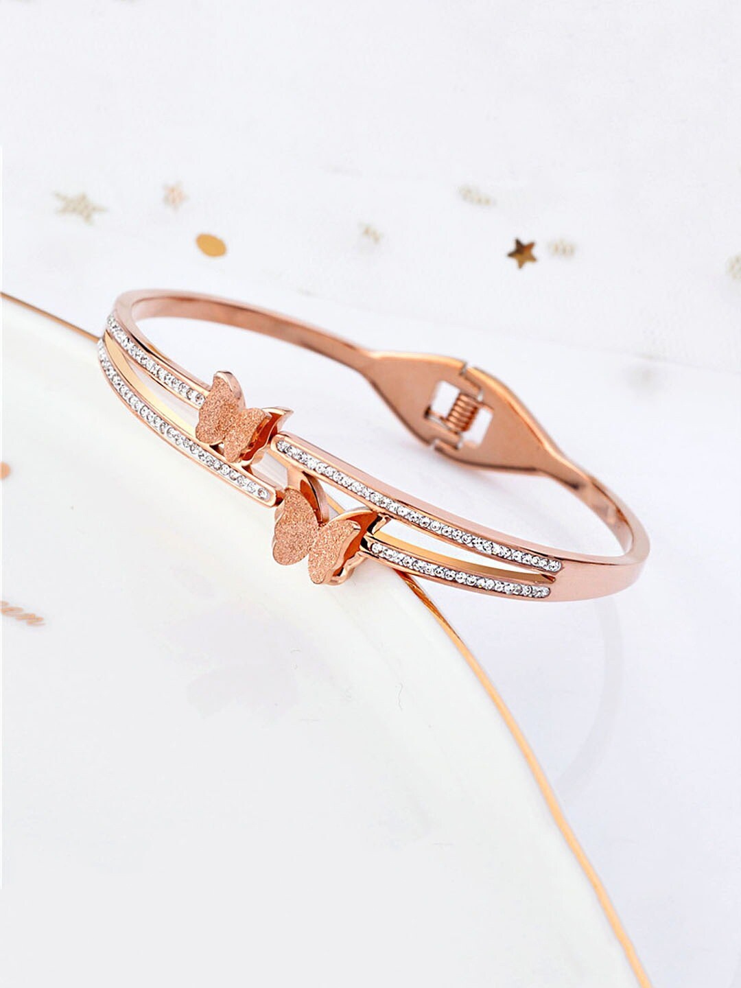 

Jewels Galaxy Stainless Steel Rose Gold Plated American Diamond Studded Bracelet