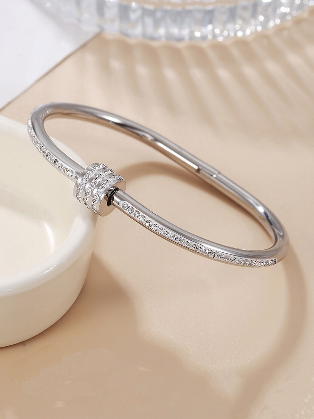 

Jewels Galaxy Silver-Plated American Diamond Bangle-Style Bracelet