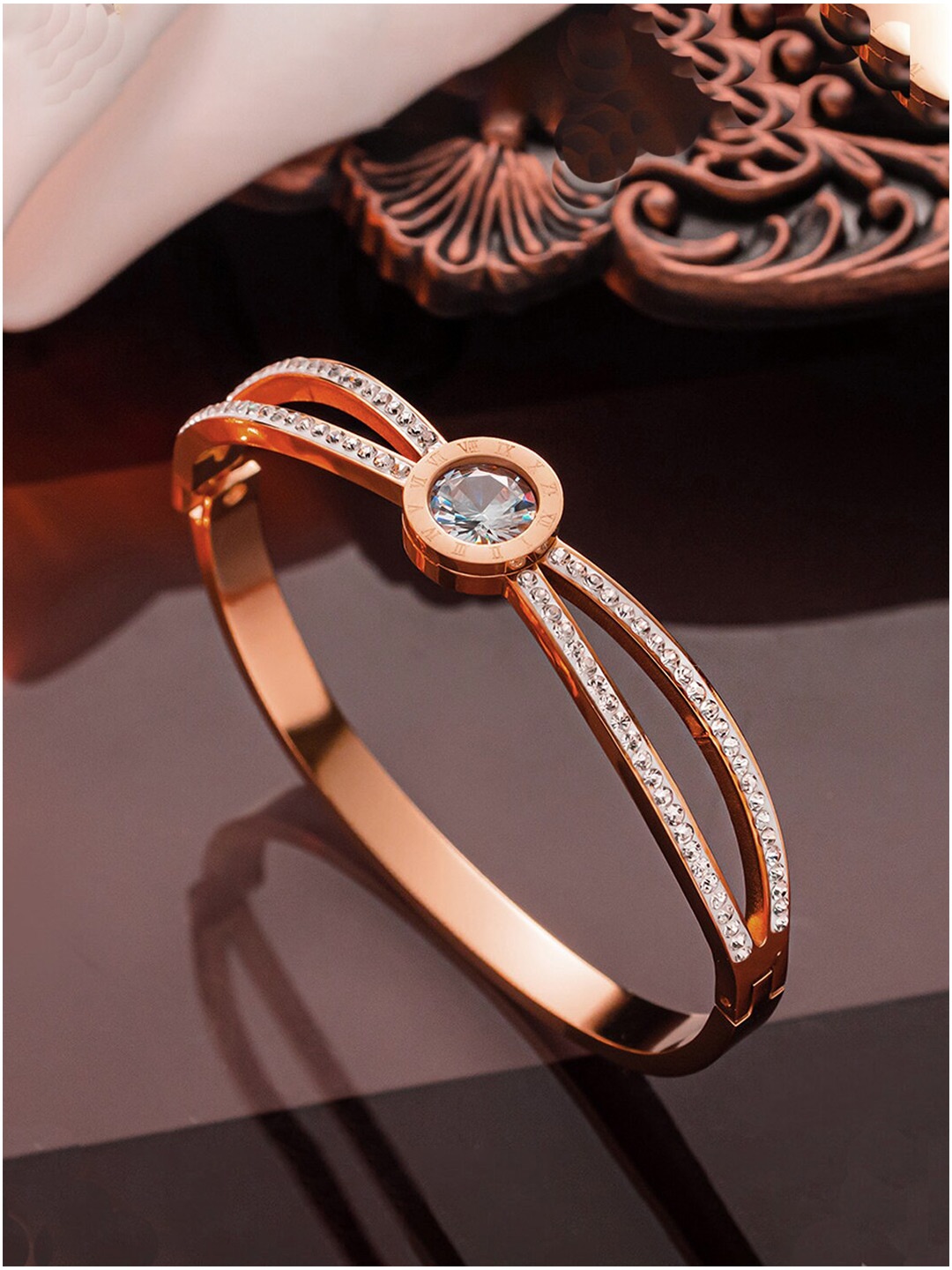 

Jewels Galaxy Rose Gold-Plated American Diamond Bangle-Style Bracelet