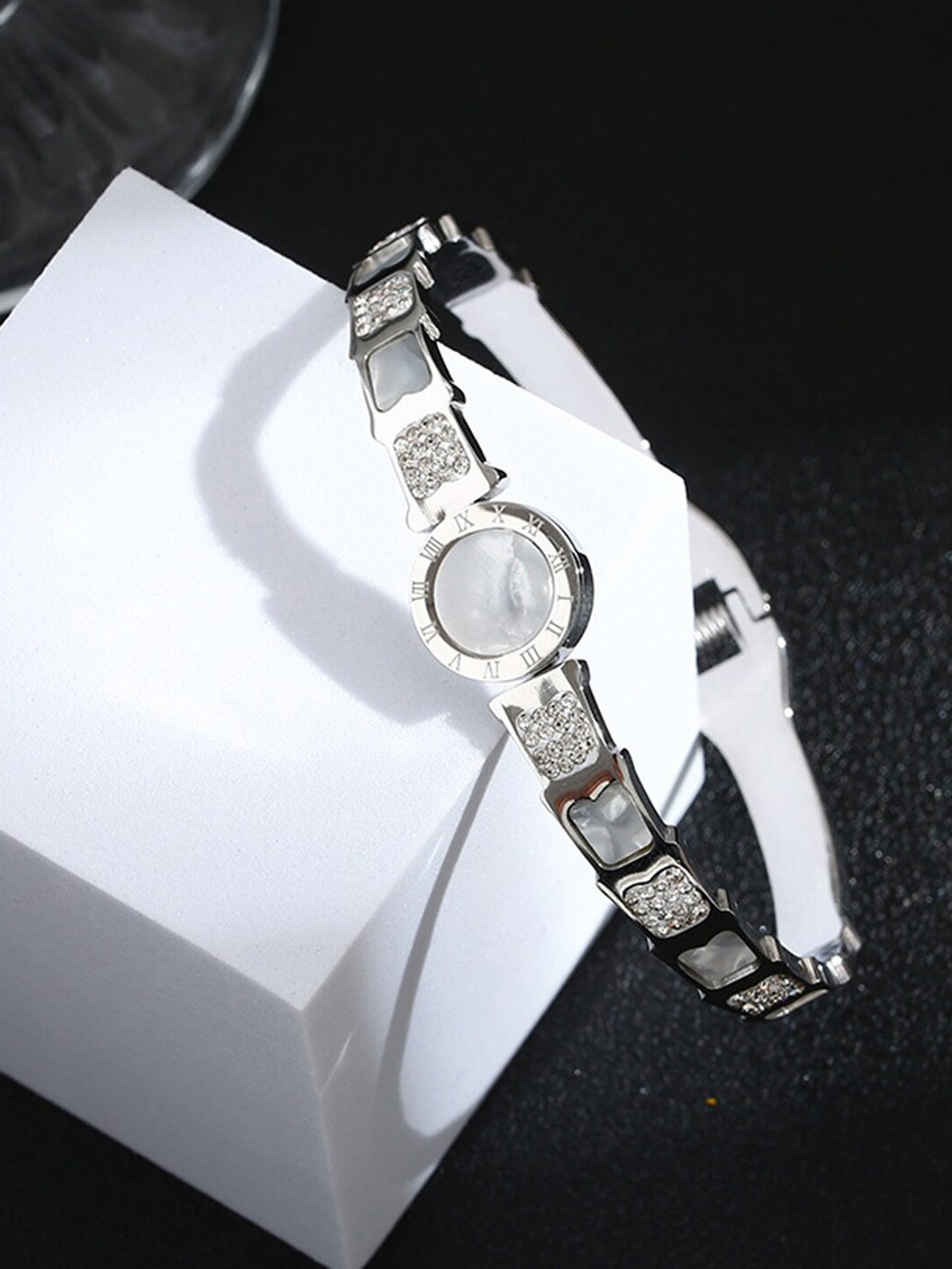 

Jewels Galaxy Silver-Plated Mother of Pearl Bangle-Style Bracelet
