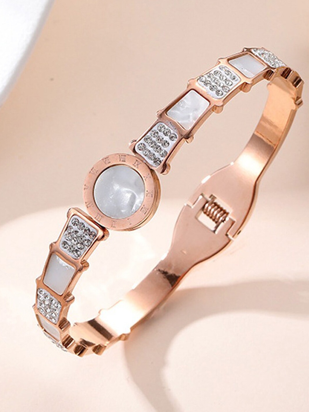 

Jewels Galaxy Rose Gold-Plated Mother of Pearl Bangle-Style Bracelet