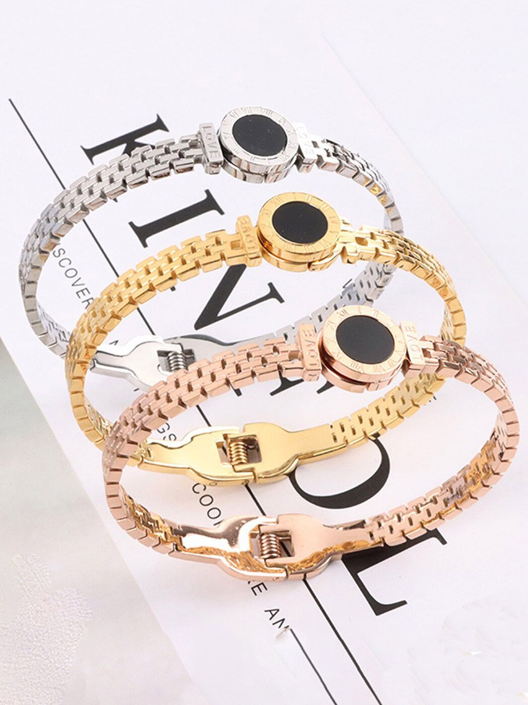 

Jewels Galaxy Set Of 3 Roman Numerals Cuff Bracelet, Gold