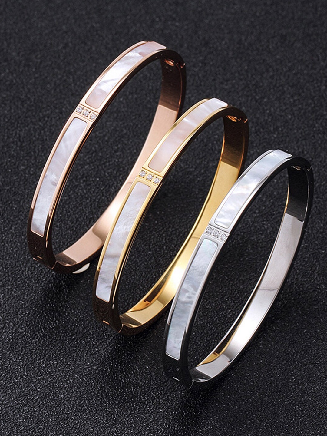 

Jewels Galaxy Set of 3 Mother of Pearl Bangle-Style Bracelets, Gold