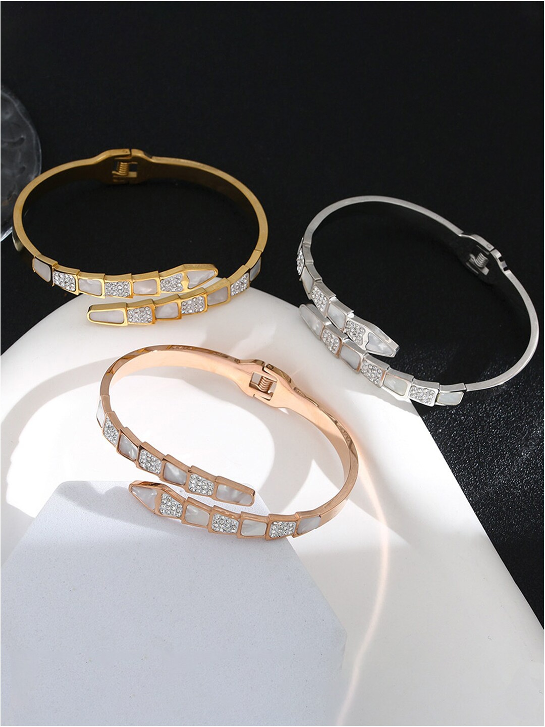 

Jewels Galaxy Set of 3 Mother of Pearl Cuff Bracelets, Gold