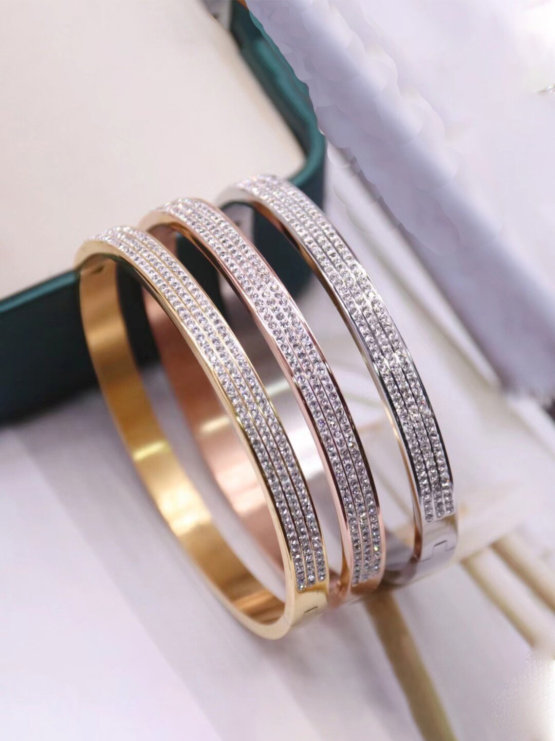 

Jewels Galaxy Set Of 3 American Diamond Bangle-Style Bracelet, Gold