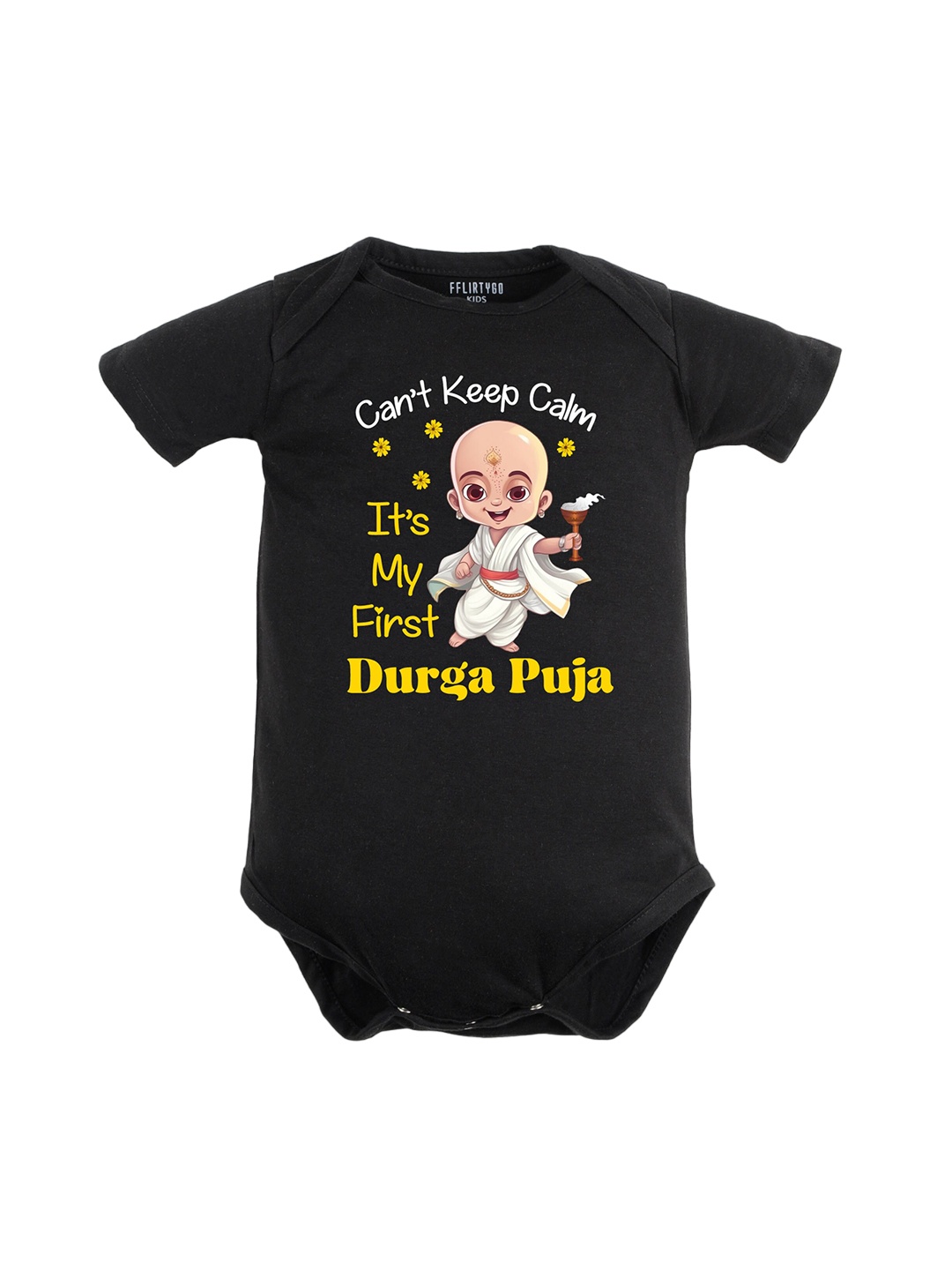 

FFLIRTYGO Kids Durga Puja Special Printed Pure Cotton Bodysuit, Black