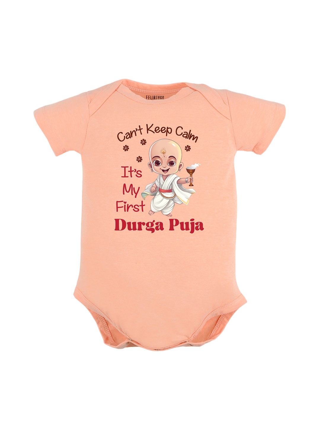 

FFLIRTYGO Kids Durga Puja Special Printed Pure Cotton Bodysuit, Peach