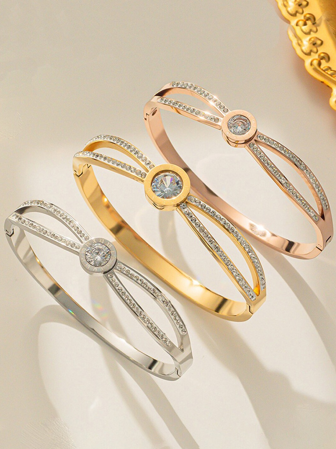 

Designs & You Set of 3 American Diamond Stainless Steel Bangle-Style Bracelet, Gold