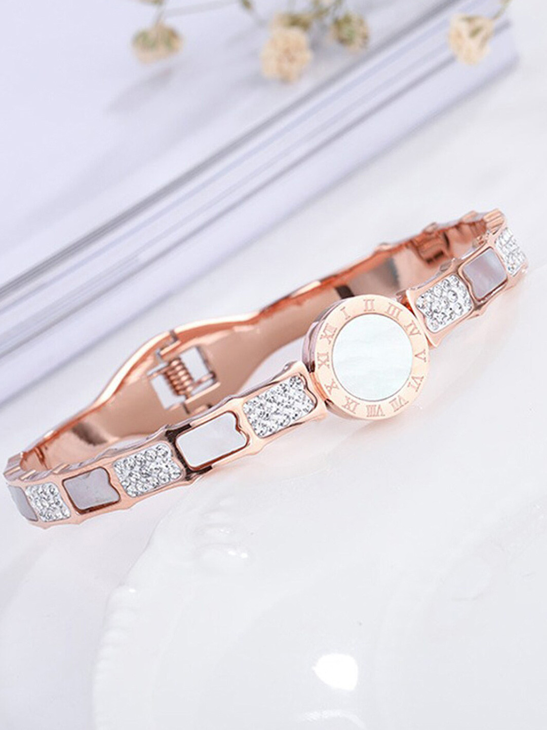 

Designs & You Mother of Pearl Rose Gold-Plated Bangle-Style Bracelet