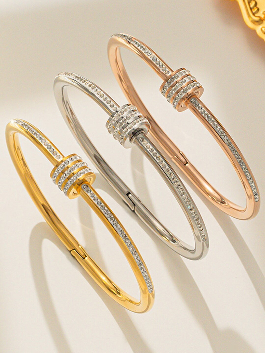 

Designs & You Set Of 3 Gold Rose Gold Silver Plated AD Studded Bangle-Style Bracelet