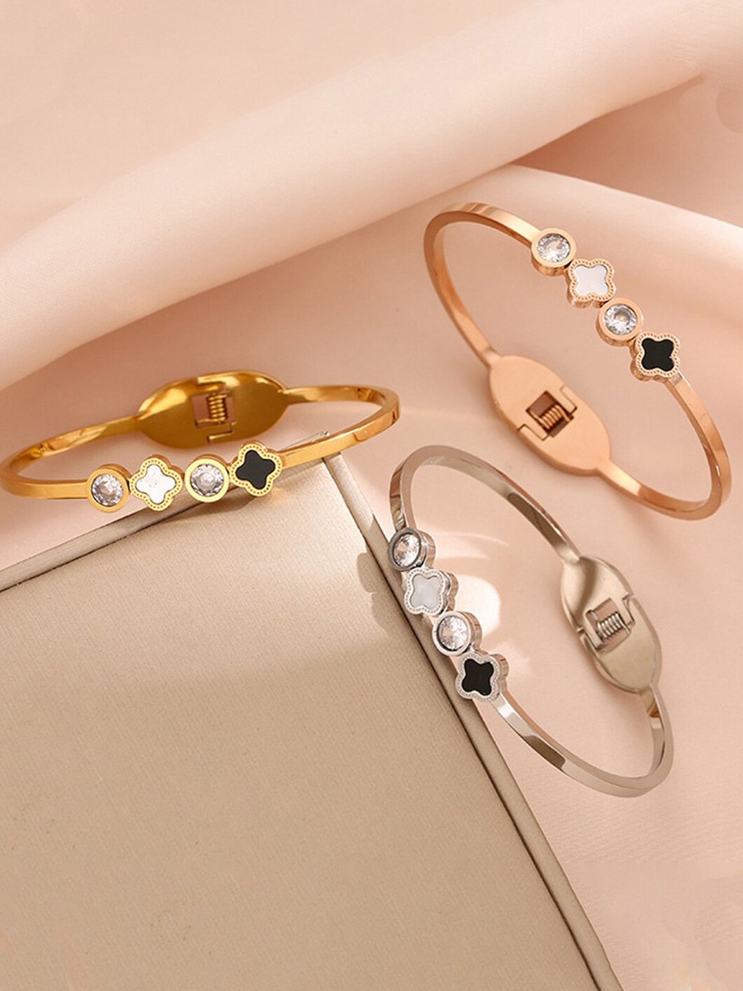 

Designs & You Set of 3 Gold Rose Gold Silver Plated Mother Of Pearl Bangle-Style Bracelet
