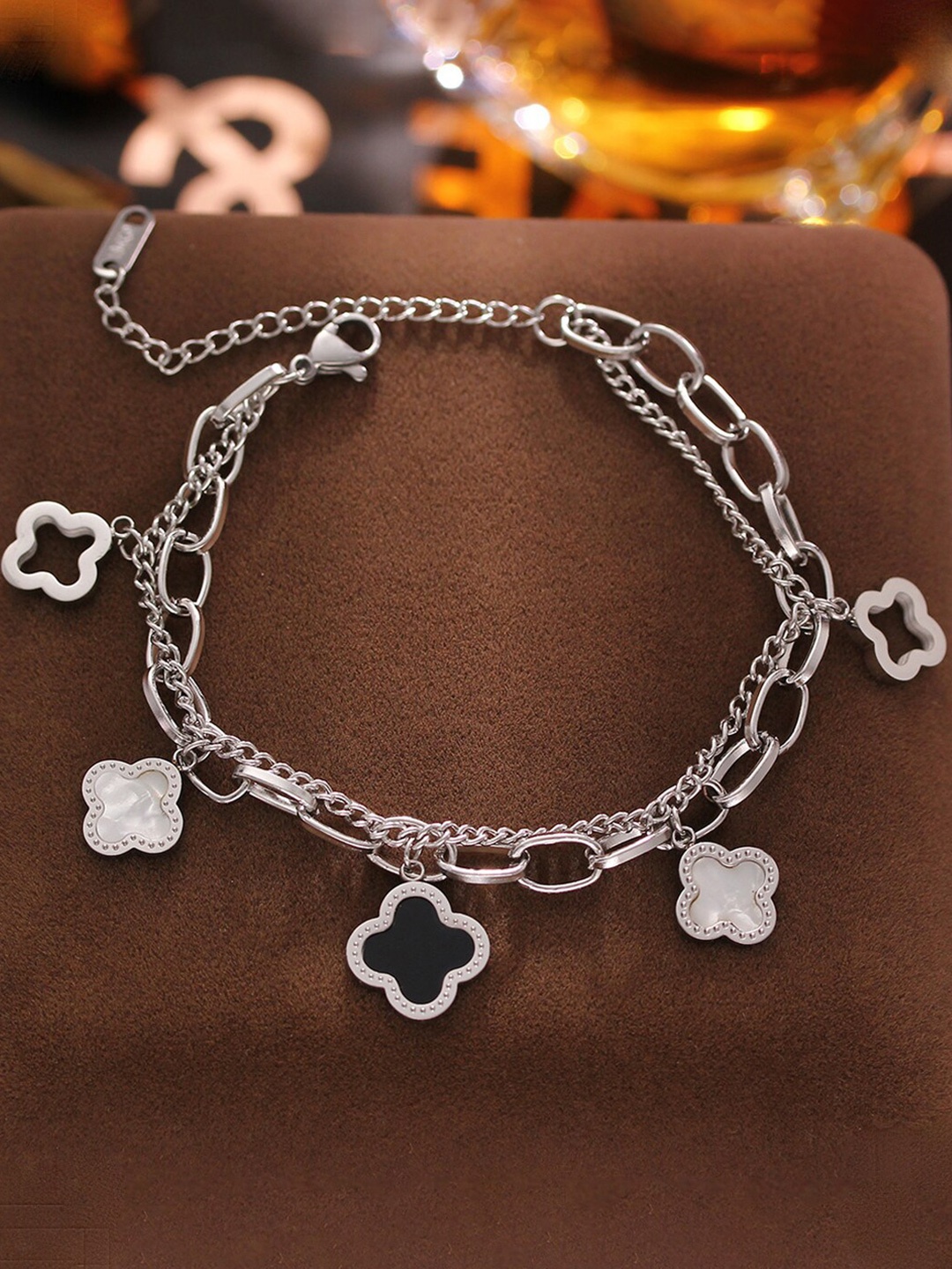 

Designs & You Stainless Steel Silver-Plated Mother of Pearl Studded Link Bracelet