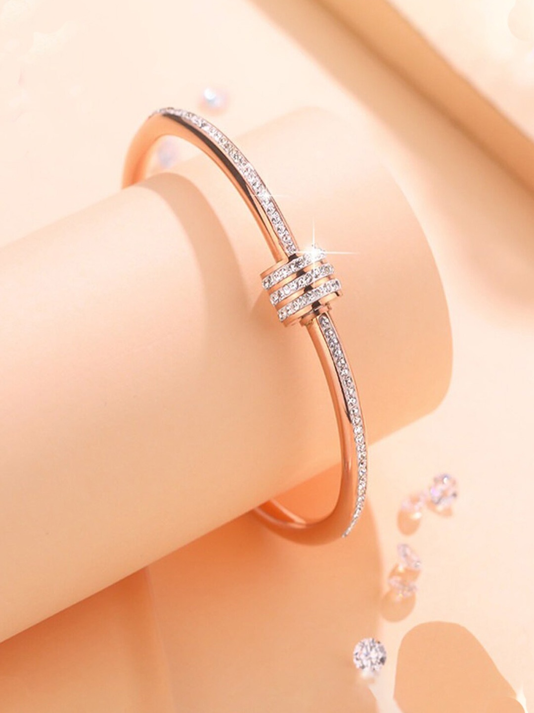 

Designs & You Rose Gold-Plated American Diamond-Studded Bangle-Style Bracelet