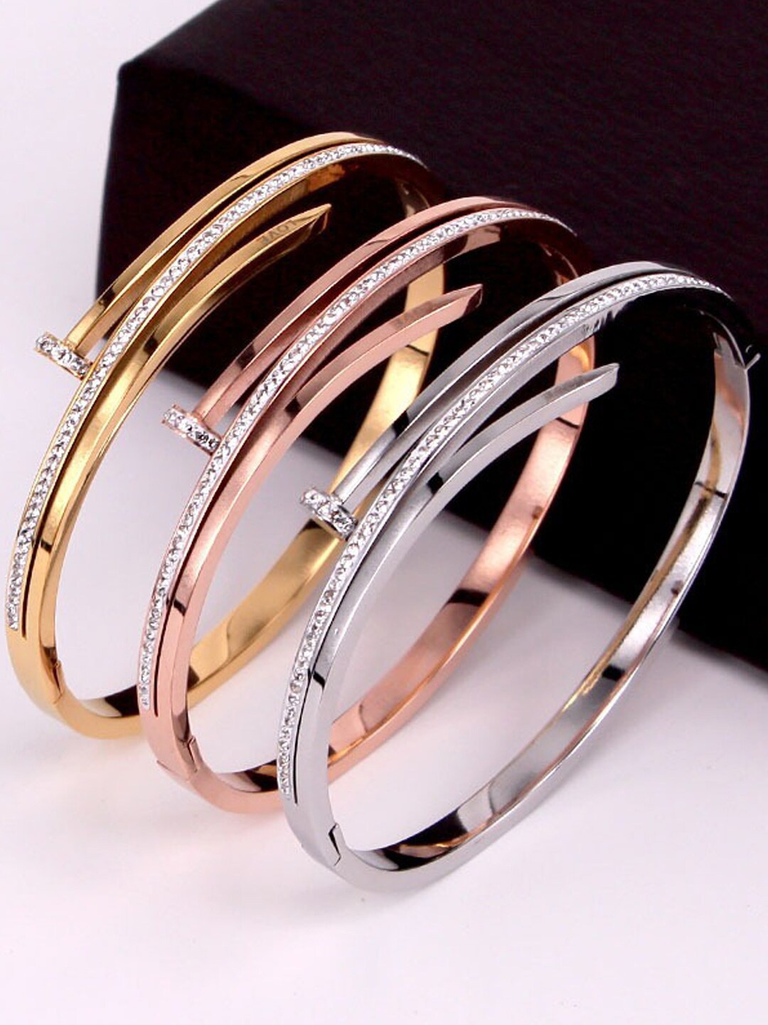 

Designs & You Set Of 3 American Diamond Studded Bangle-Style Bracelet, Gold