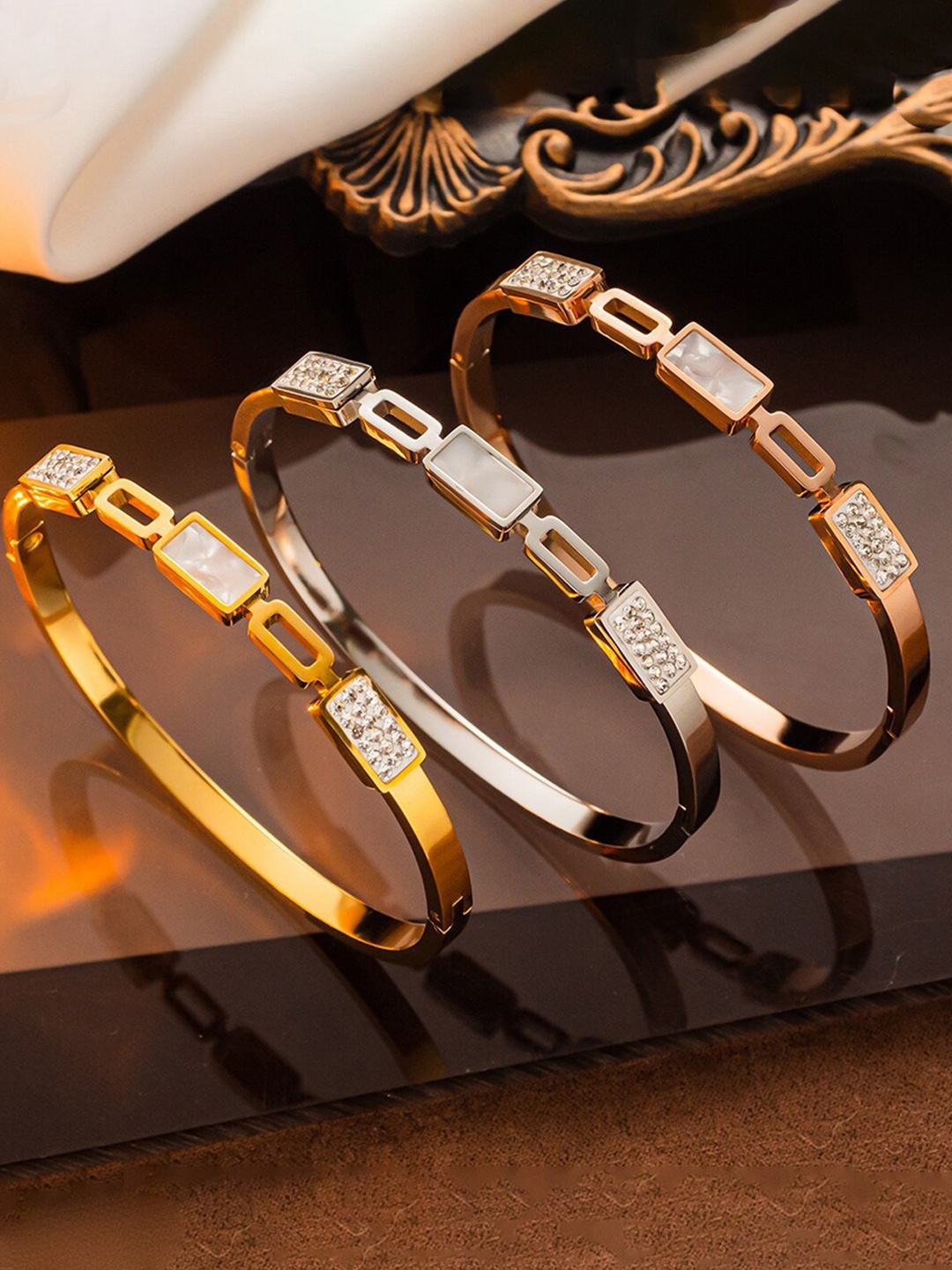 

Designs & You Set Of 3 Mother Of Pearl Bangle-Style Bracelet, Gold