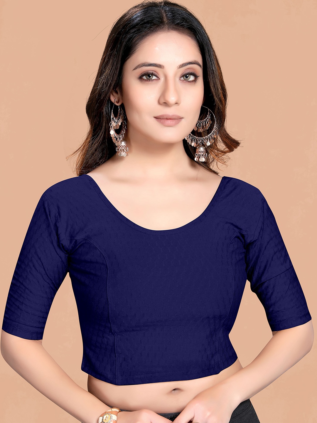 

SCUBE DESIGNS Woven Design Round Neck Short Sleeves Saree Blouse, Navy blue