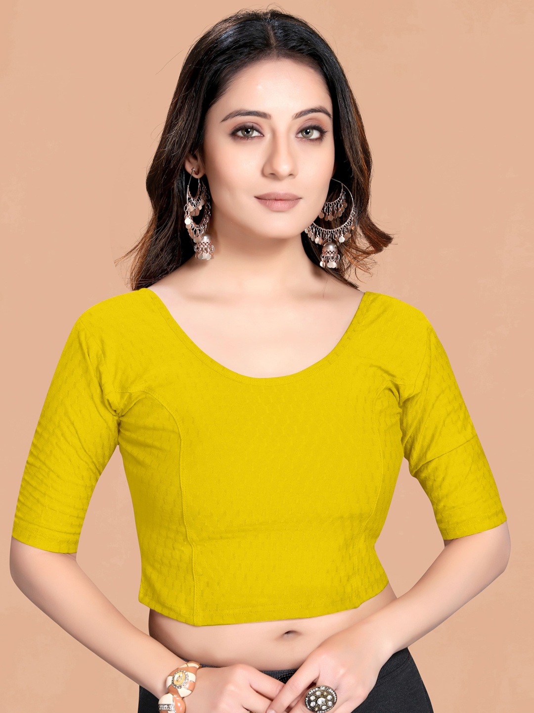 

SCUBE DESIGNS Woven Design Round Neck Short Sleeves Saree Blouse, Yellow