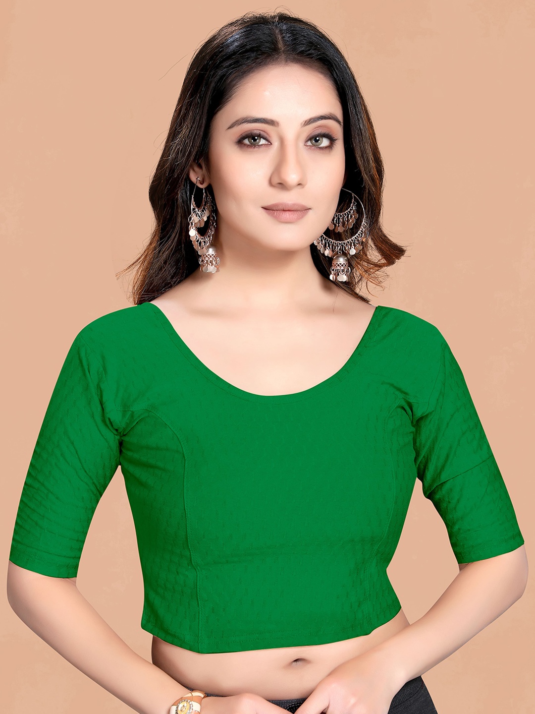 

SCUBE DESIGNS Woven Design Round Neck Short Sleeves Saree Blouse, Green
